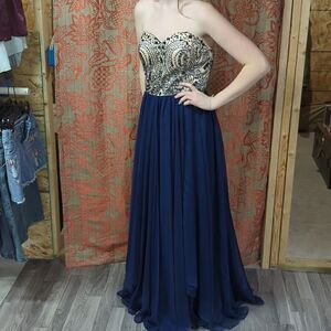 Beige and Navy Crystal Embellished Gown, Size 12